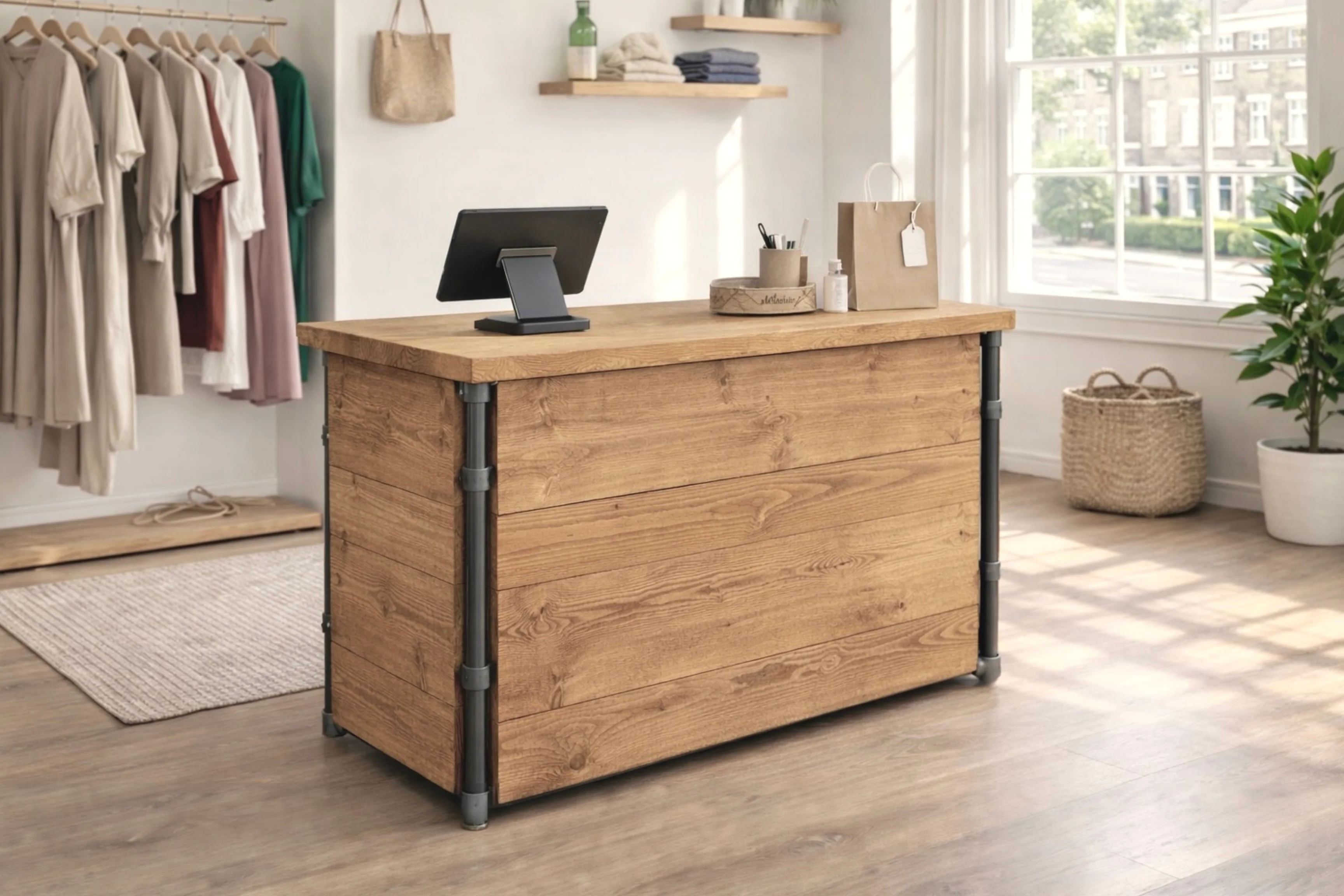 Industrial Solid Wood Retail Counter | Handmade Reception & Bar Desk - Image 9