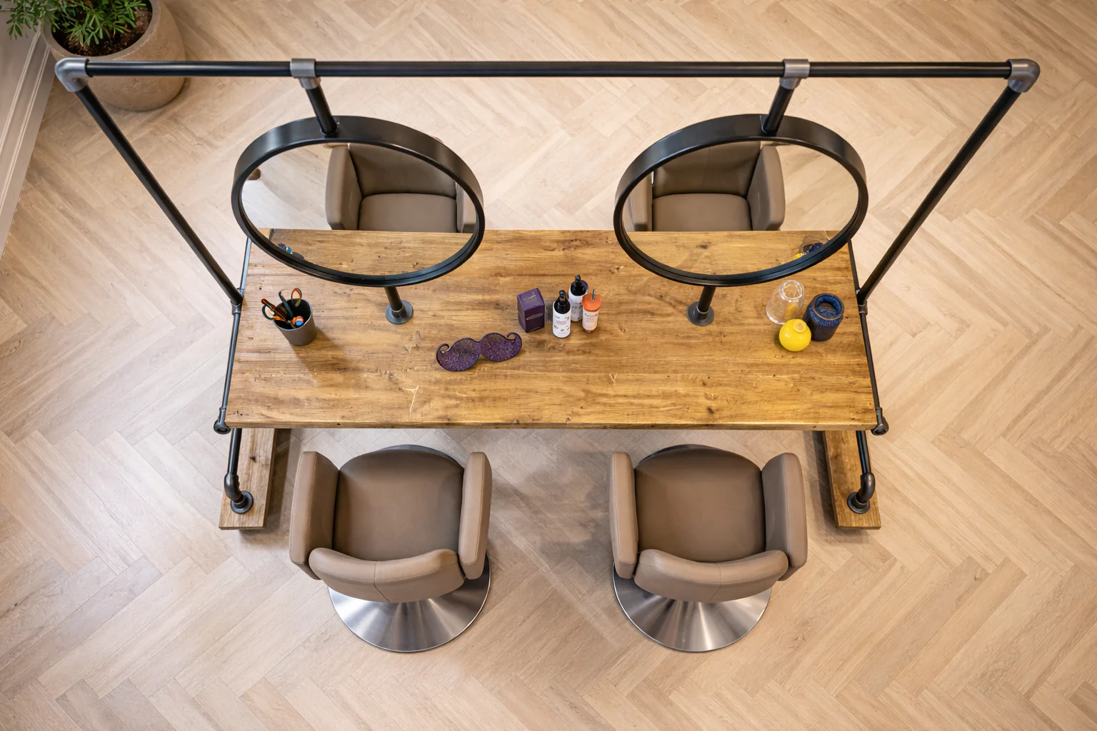 Industrial Style Salon Unit | Barbers, Hairdressing Workstation with Mirrors | Rustic Timber, Steel Tube | Shop, Dressing Room, Stylist - Image 3
