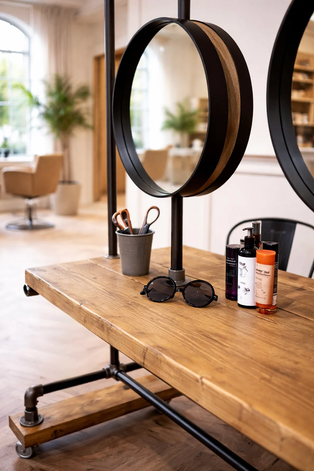 Industrial Style Salon Unit | Barbers, Hairdressing Workstation with Mirrors | Rustic Timber, Steel Tube | Shop, Dressing Room, Stylist - Image 4