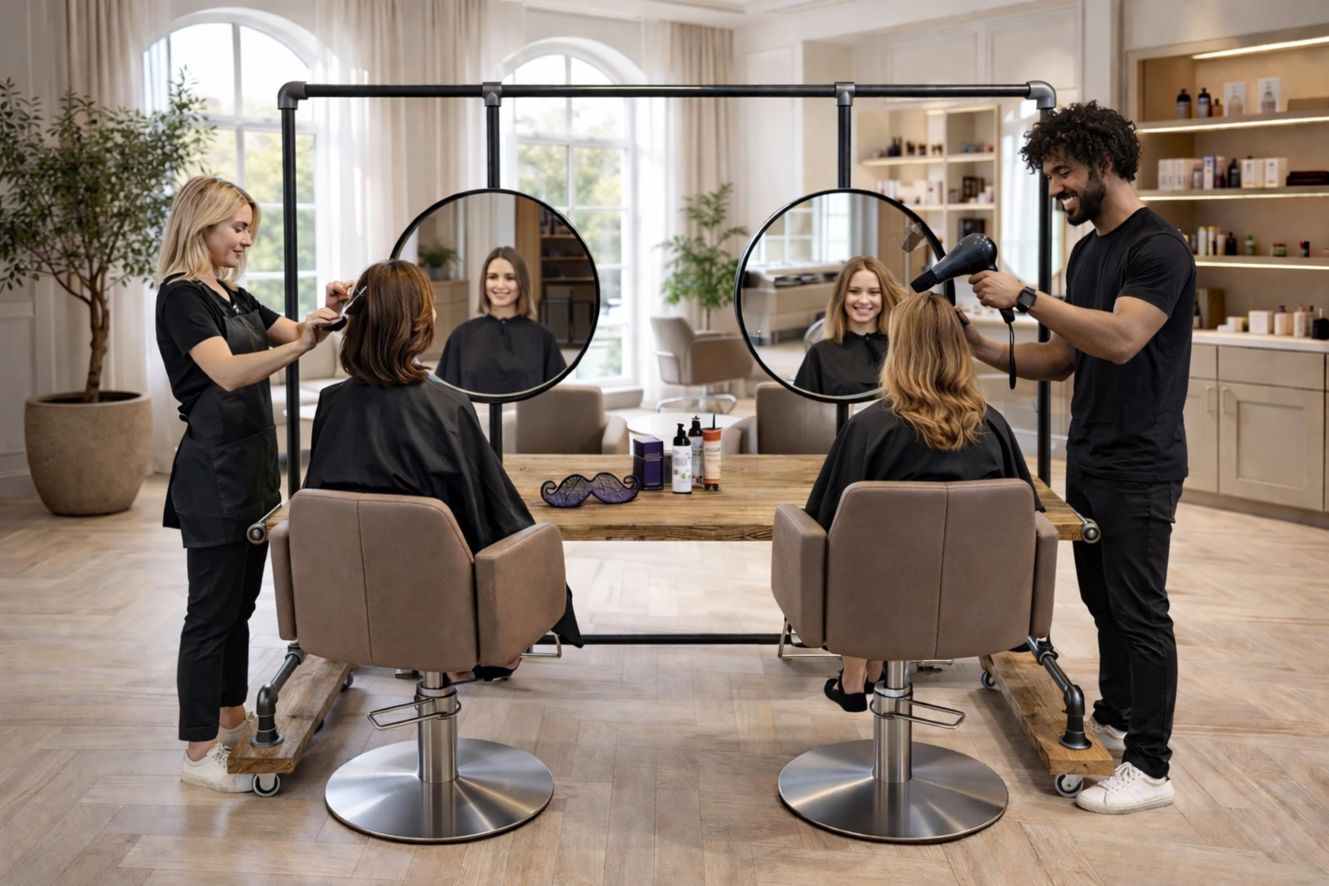 Industrial Style Salon Unit | Barbers, Hairdressing Workstation with Mirrors | Rustic Timber, Steel Tube | Shop, Dressing Room, Stylist - Image 5