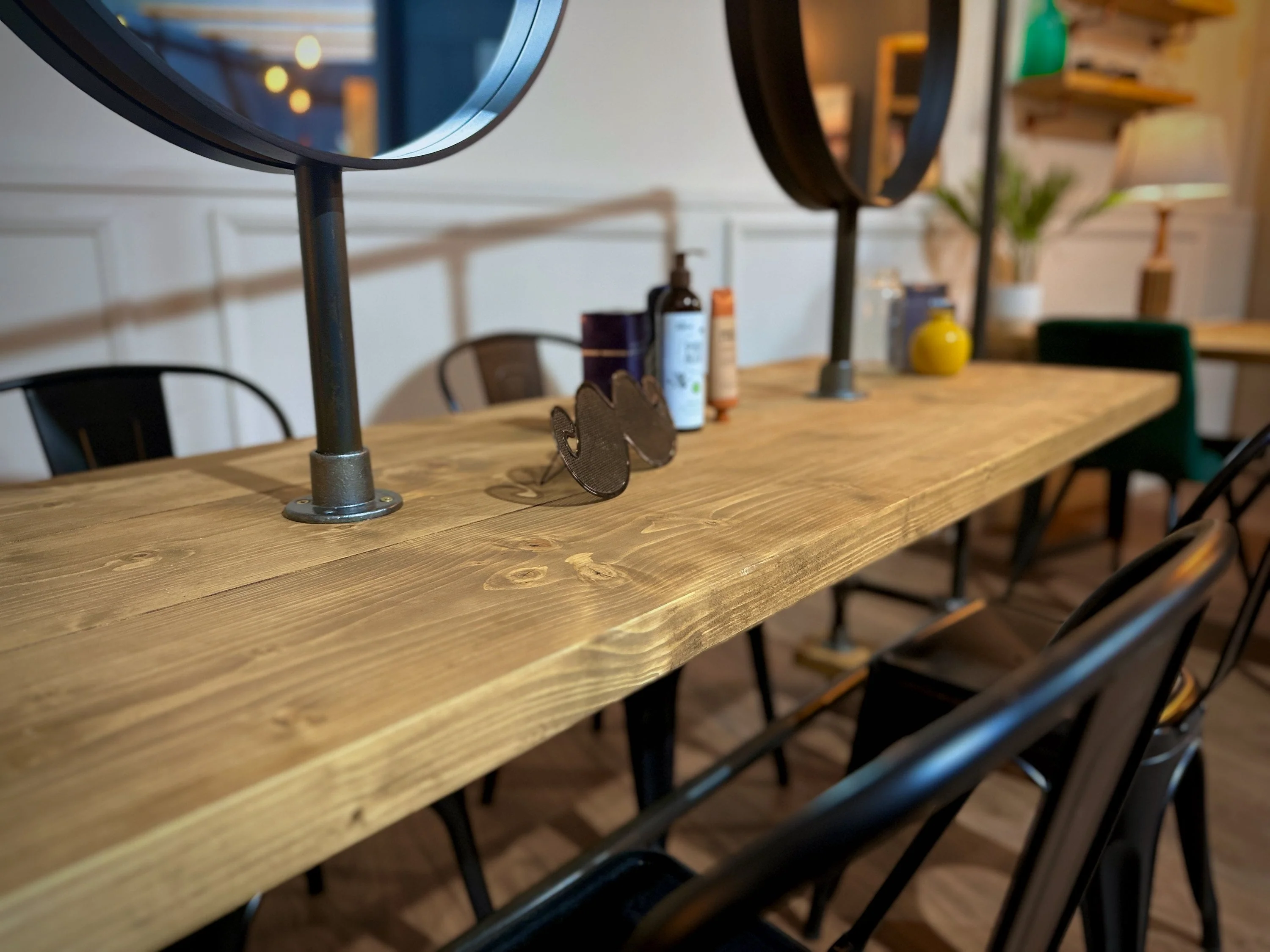 Industrial Style Salon Unit | Barbers, Hairdressing Workstation with Mirrors | Rustic Timber, Steel Tube | Shop, Dressing Room, Stylist - Image 6