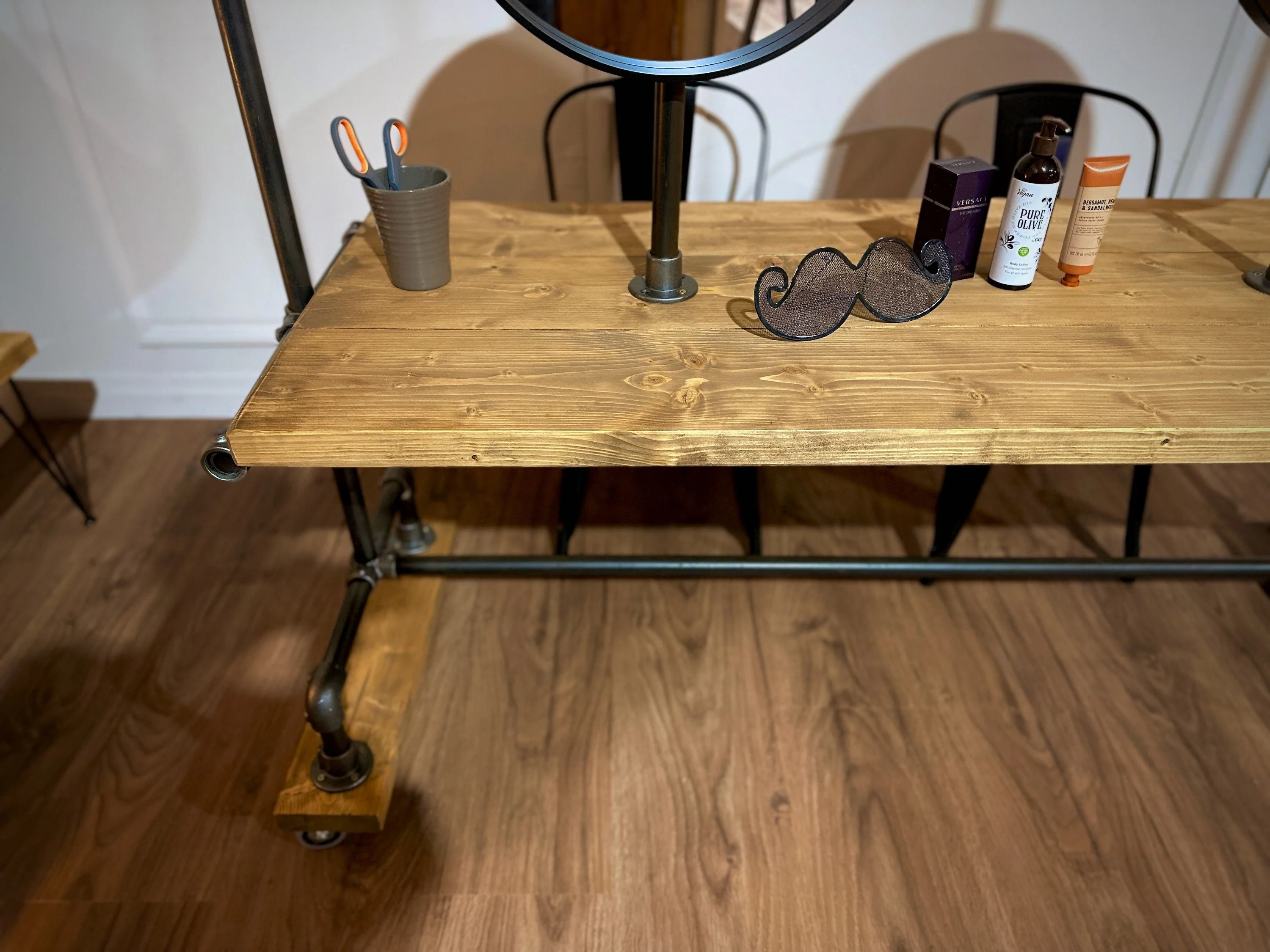 Industrial Style Salon Unit | Barbers, Hairdressing Workstation with Mirrors | Rustic Timber, Steel Tube | Shop, Dressing Room, Stylist - Image 7