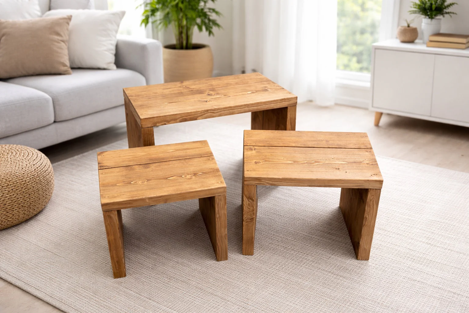 Nest of Solid Wooden Tables (Set of 3). Rustic, handcrafted - Image 3