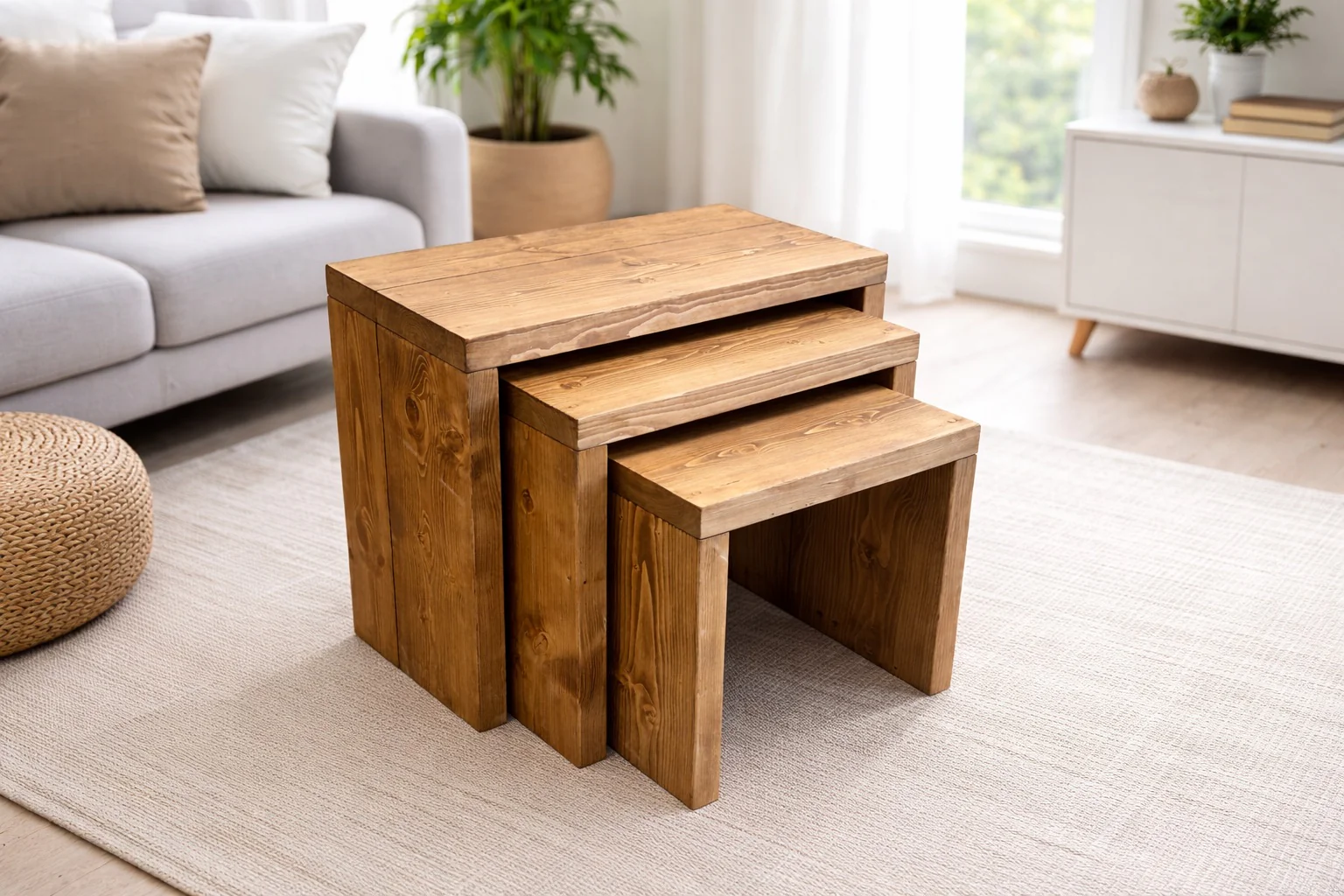 Nest of Solid Wooden Tables (Set of 3). Rustic, handcrafted - Image 4