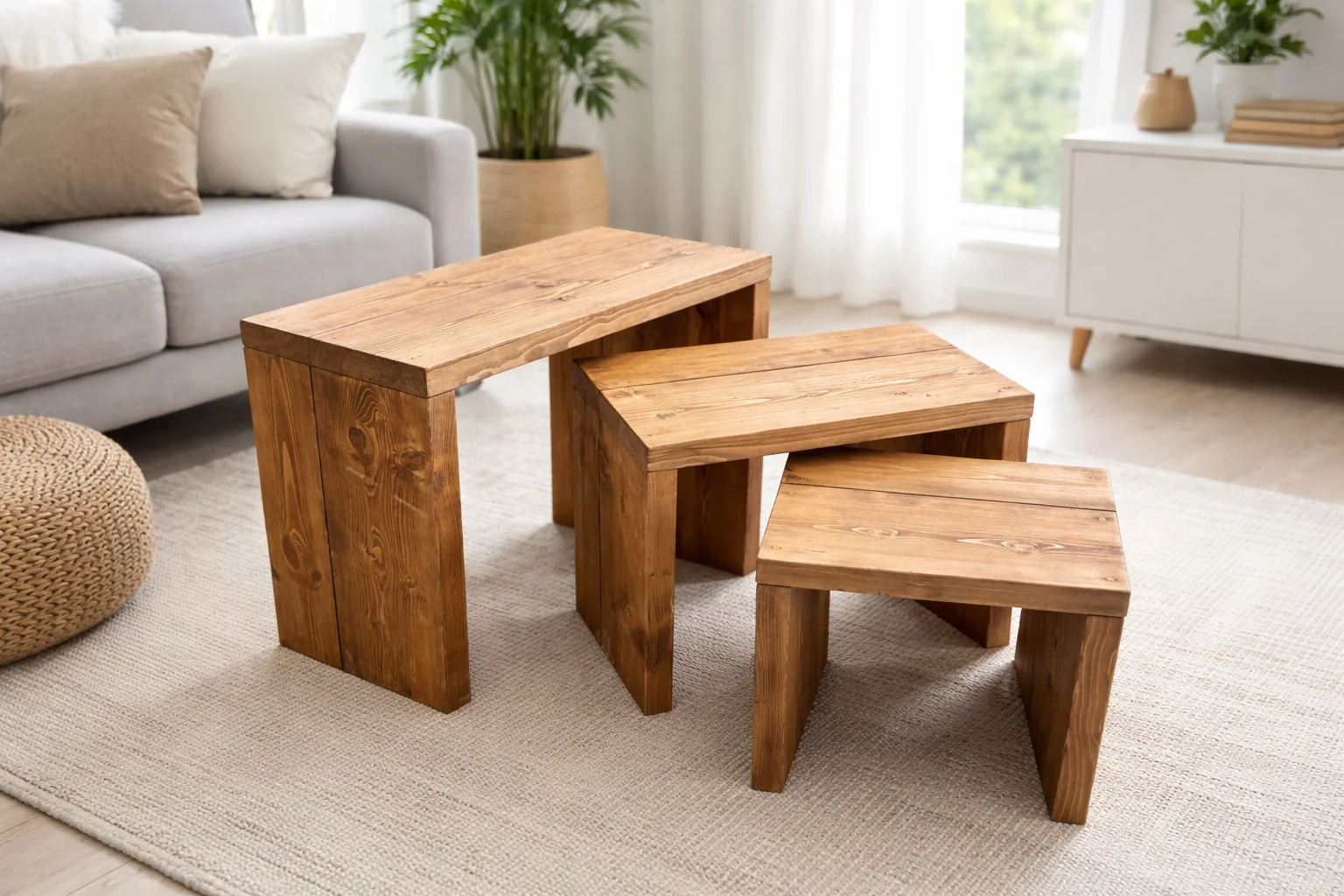 Nest of Solid Wooden Tables (Set of 3). Rustic, handcrafted - Image 5
