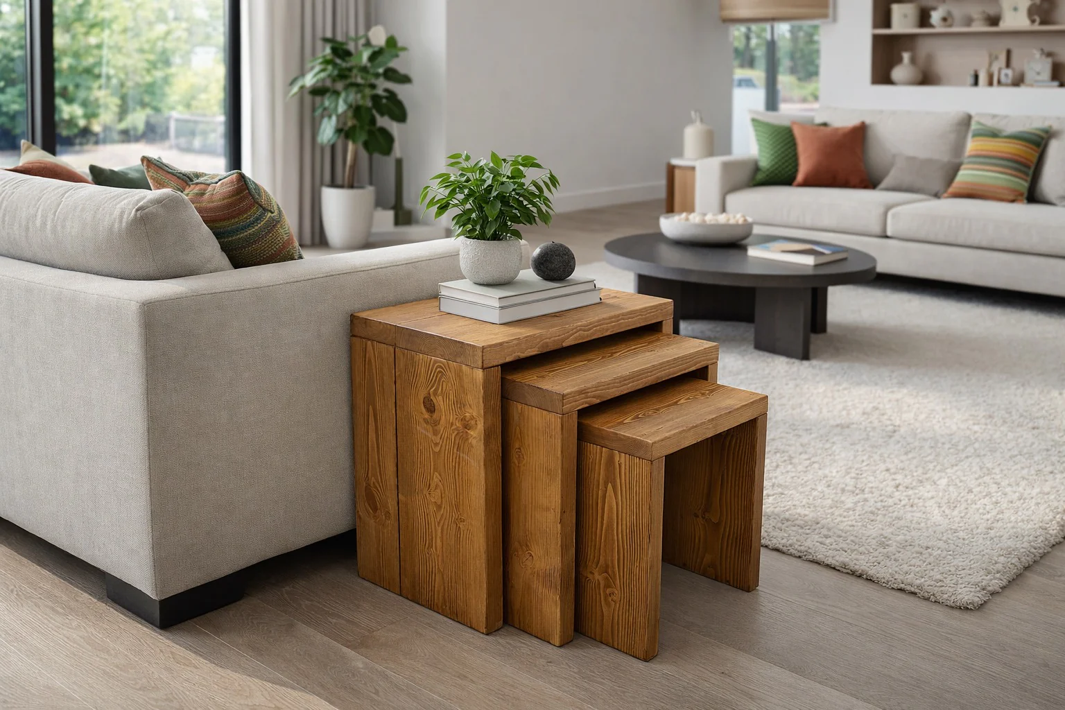 Nest of Solid Wooden Tables (Set of 3). Rustic, handcrafted - Image 7