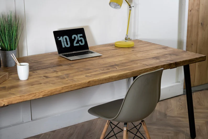Reclaimed Industrial Wooden Desk on Black Steel Tube Angled Pin Legs, Rustic, Scaffold Board - Image 3