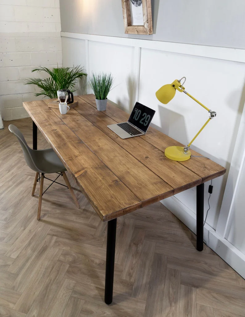 Reclaimed Industrial Wooden Desk on Black Steel Tube Angled Pin Legs, Rustic, Scaffold Board - Image 4