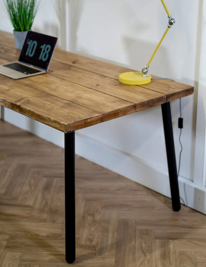 Reclaimed Industrial Wooden Desk on Black Steel Tube Angled Pin Legs, Rustic, Scaffold Board - Image 6