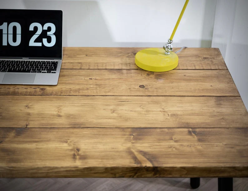 Reclaimed Industrial Wooden Desk on Black Steel Tube Angled Pin Legs, Rustic, Scaffold Board - Image 7