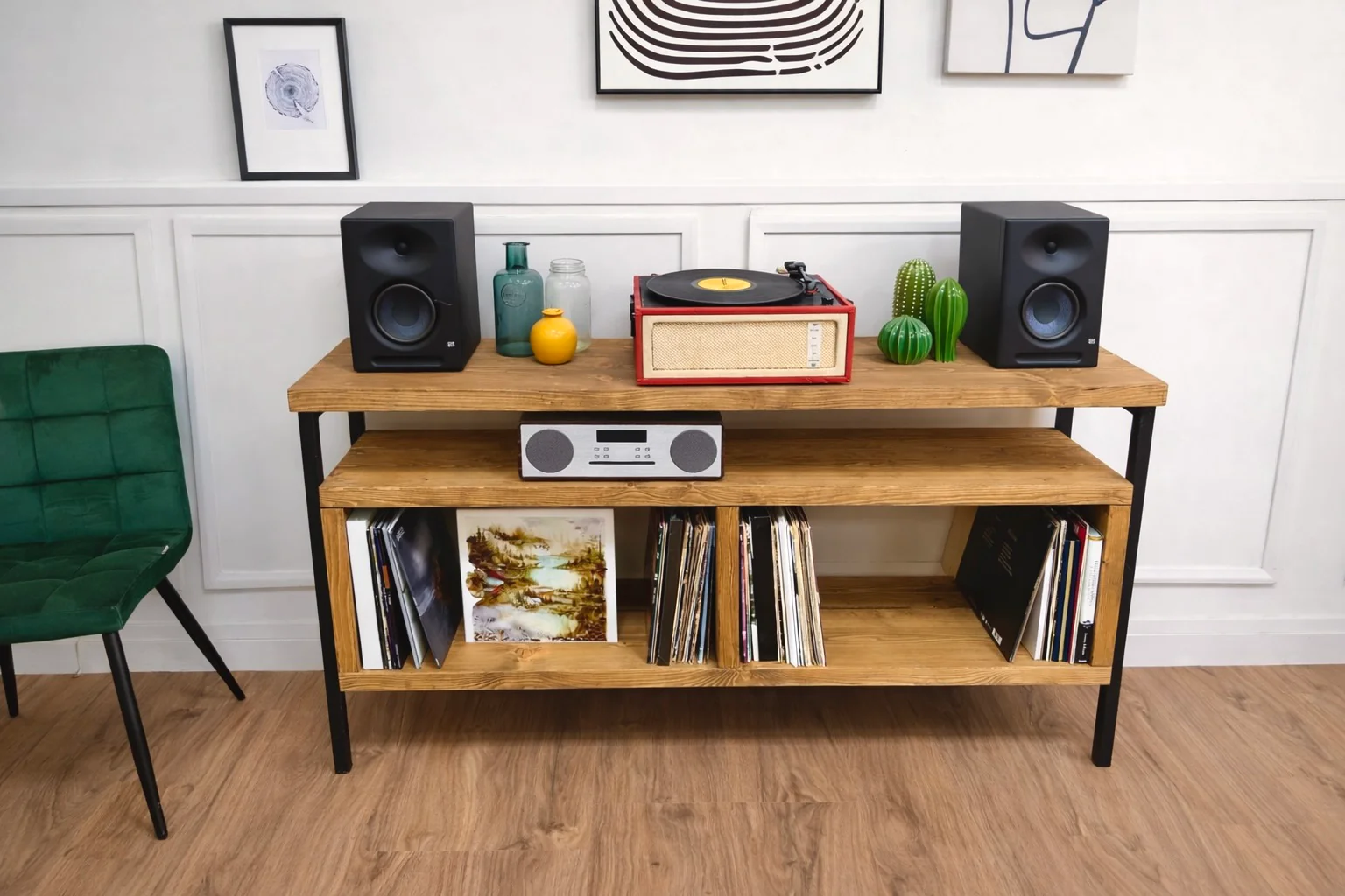 Solid Wood Record Player Stand with Steel Frame | Vinyl Storage - Image 3