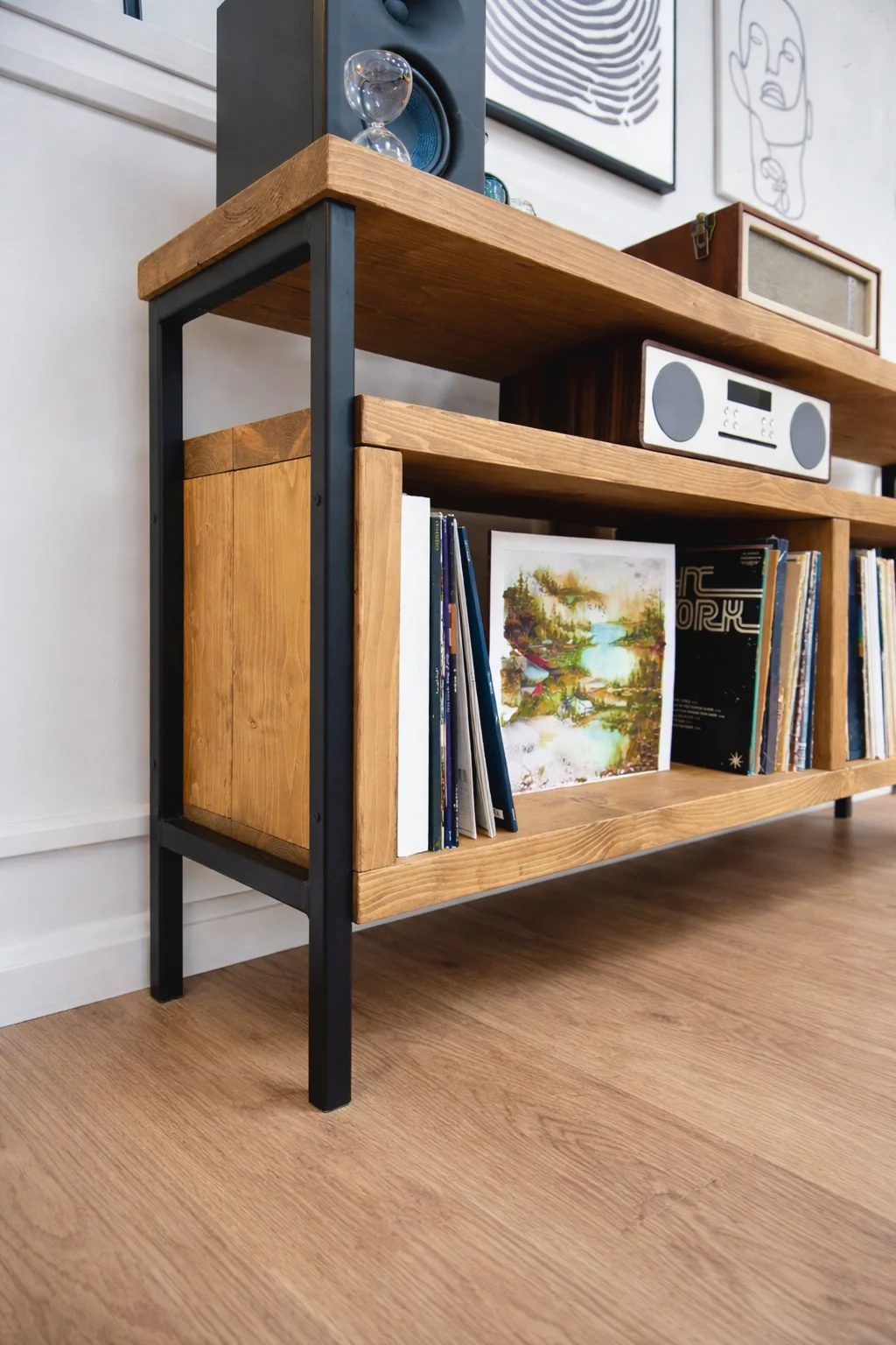 Solid Wood Record Player Stand with Steel Frame | Vinyl Storage - Image 4