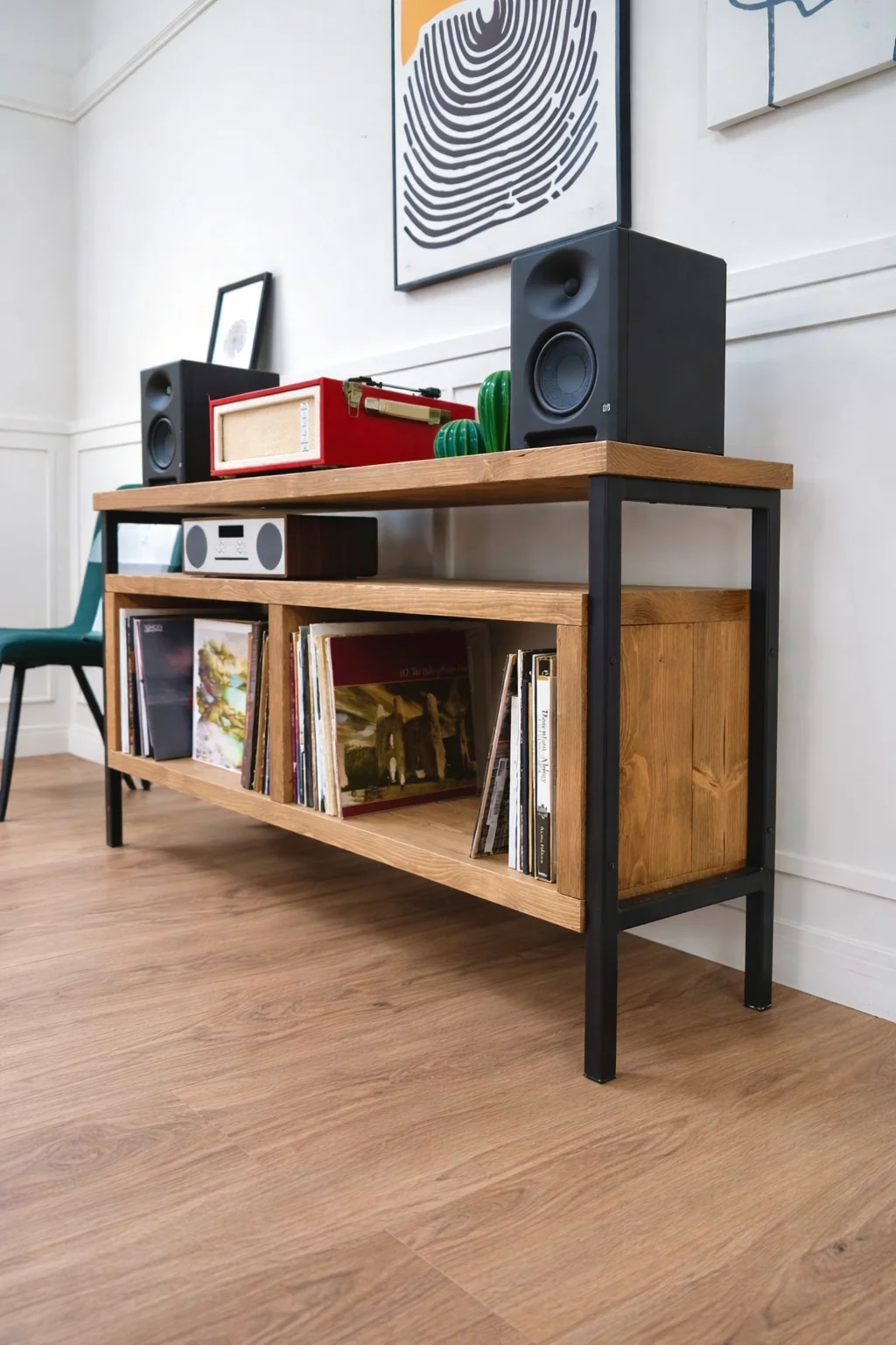 Solid Wood Record Player Stand with Steel Frame | Vinyl Storage - Image 5