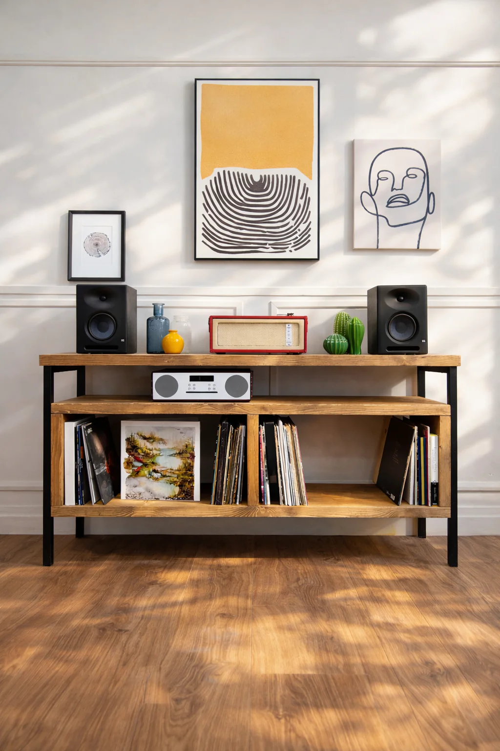 Solid Wood Record Player Stand with Steel Frame | Vinyl Storage - Image 6
