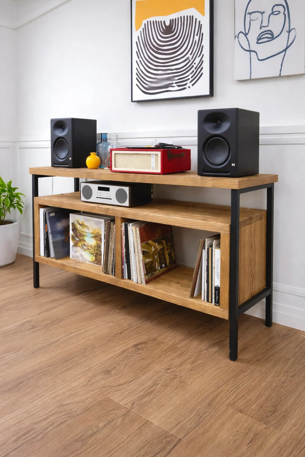 Solid Wood Record Player Stand with Steel Frame | Vinyl Storage - Image 8