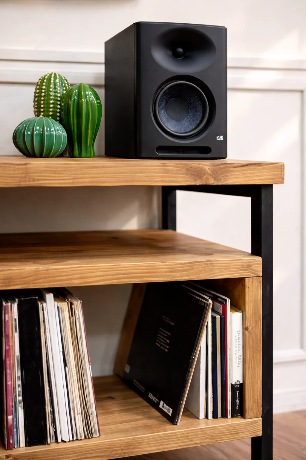 Solid Wood Record Player Stand with Steel Frame | Vinyl Storage - Image 9