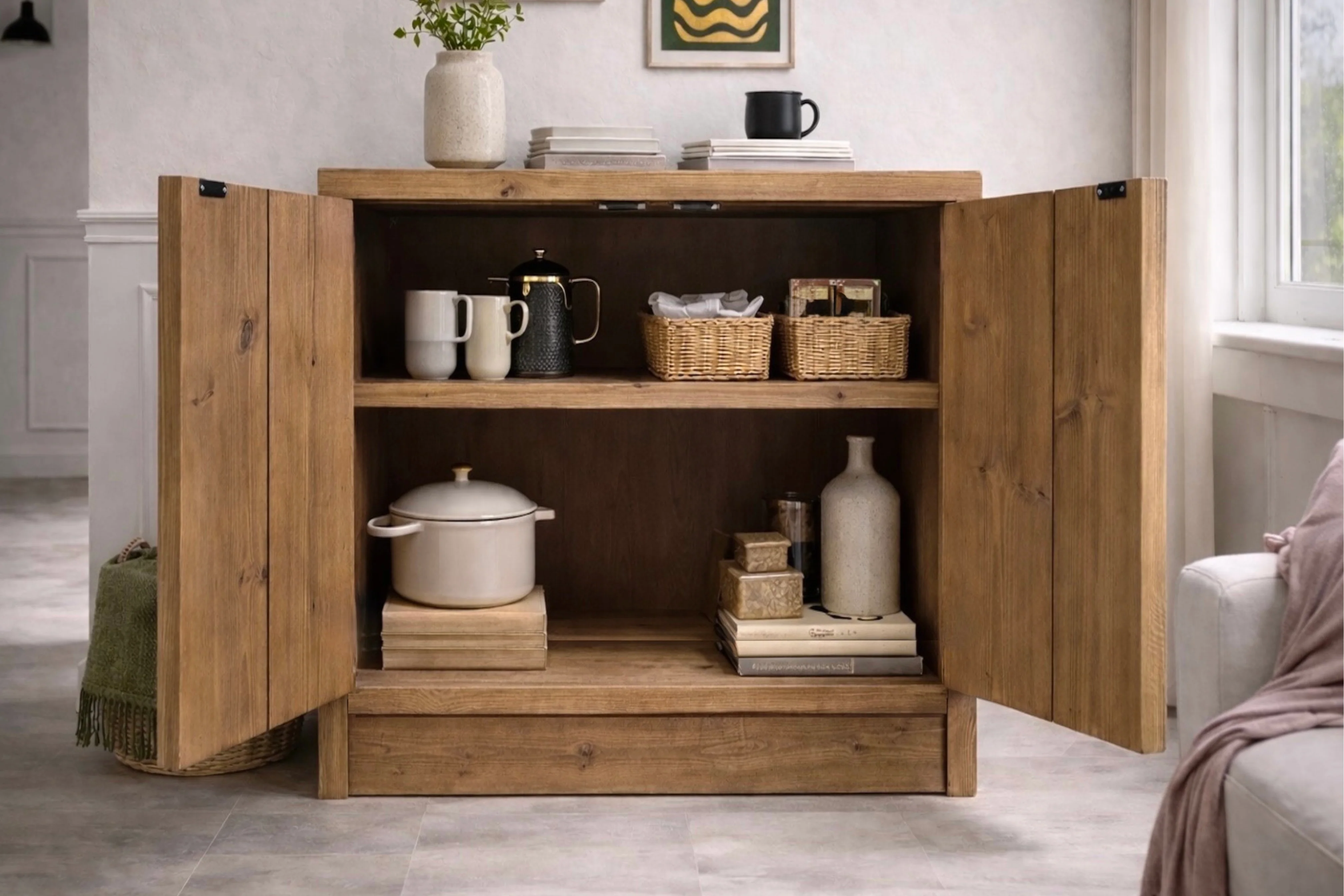 Rustic 2 Door Cupboard | Solid Wooden Storage Cabinet for Living Room, Office, Dining Room | Wooden Base Sideboard - Image 5