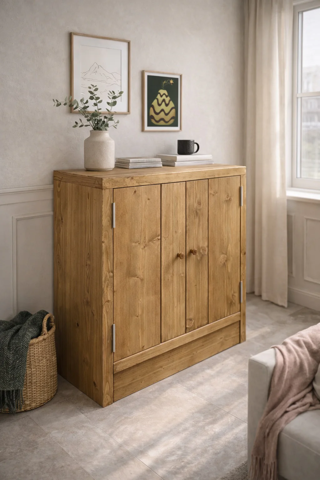 Rustic 2 Door Cupboard | Solid Wooden Storage Cabinet for Living Room, Office, Dining Room | Wooden Base Sideboard - Image 6