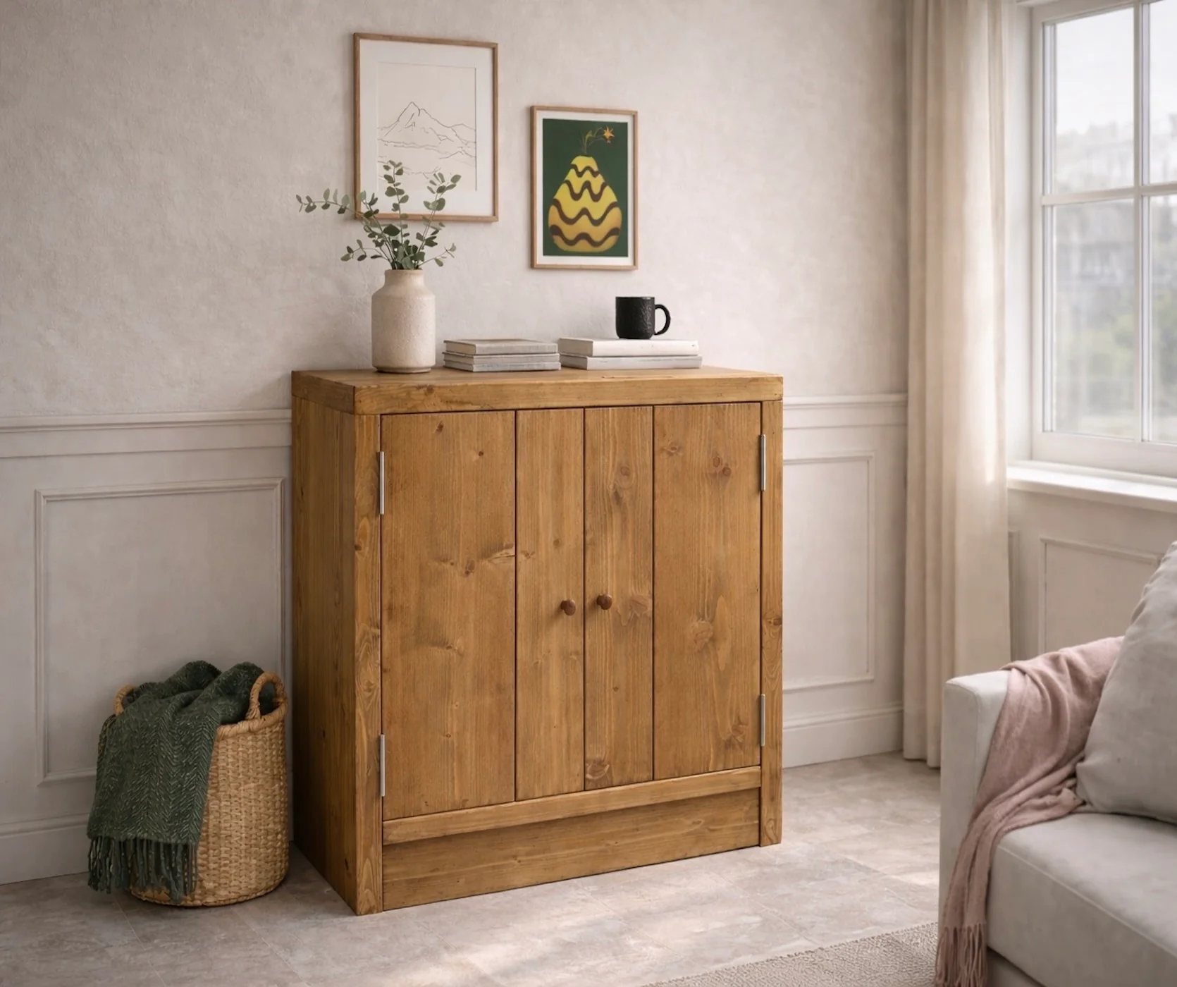 Rustic 2 Door Cupboard | Solid Wooden Storage Cabinet for Living Room, Office, Dining Room | Wooden Base Sideboard - Image 7
