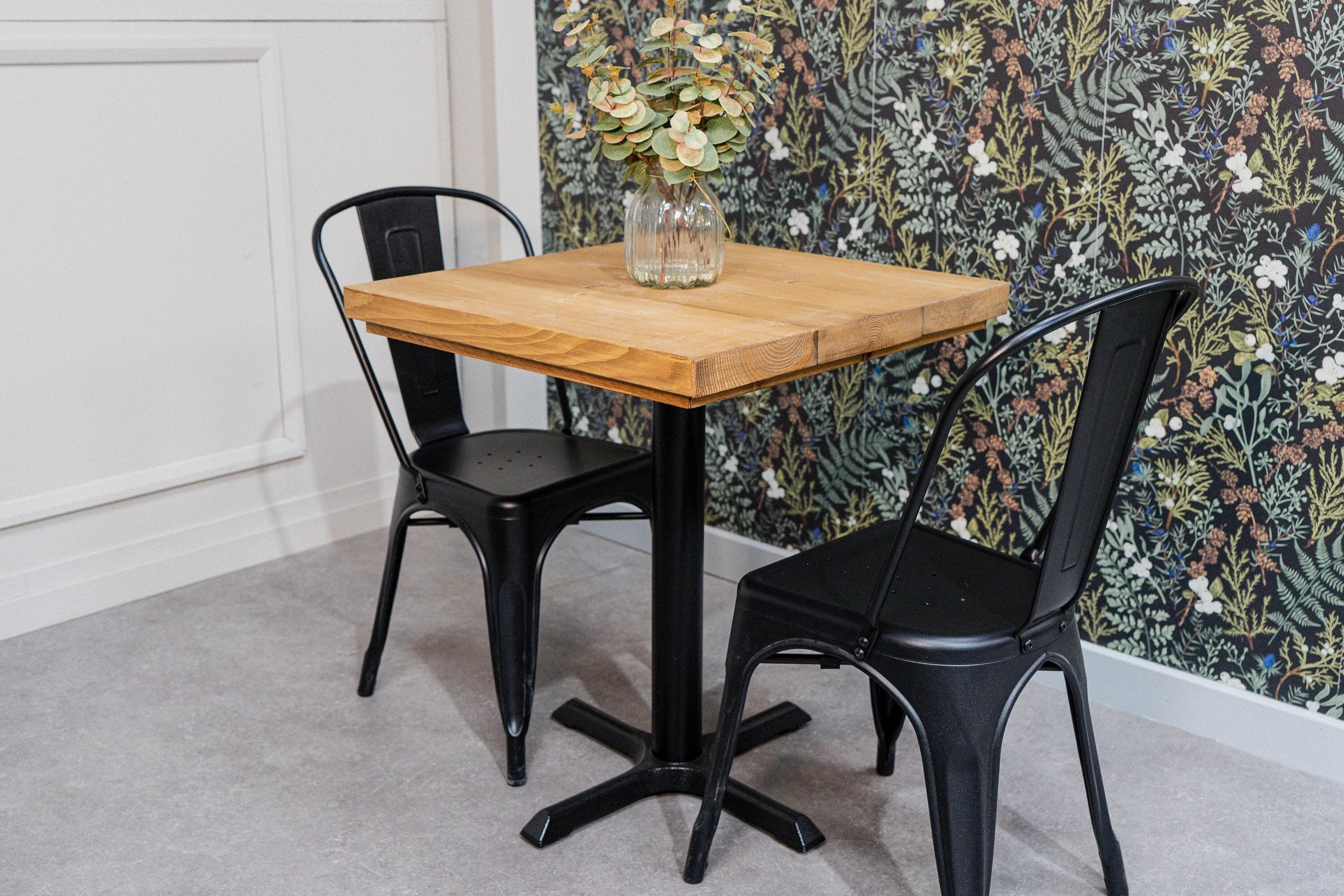 Rustic Bistro Table | Cafe Bar Style | Cast Iron Pedestal Base | Solid Wood Timber Top
