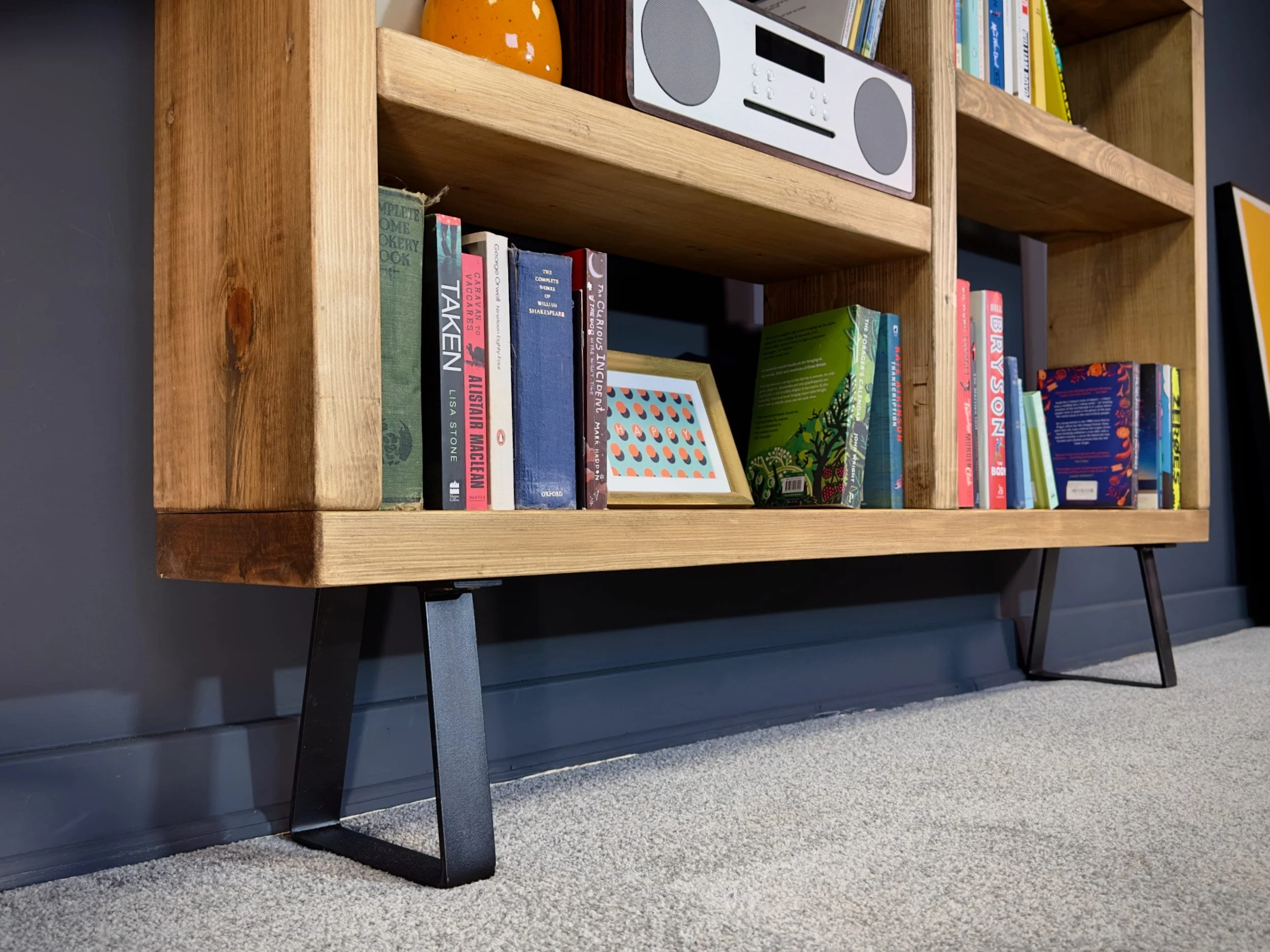 Rustic Bookcase | Low Sideboard Unit on Trapezium Legs | Industrial Solid Wooden Shelving, Scaffold Board Style, Home Storage - Image 5