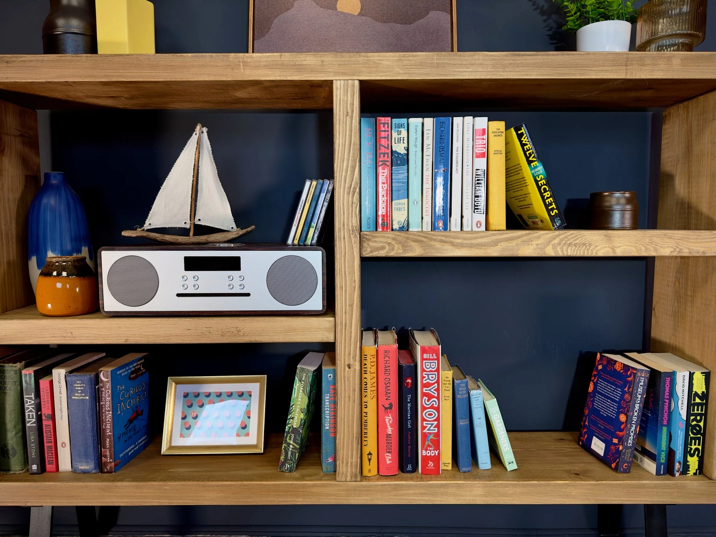Rustic Bookcase | Low Sideboard Unit on Trapezium Legs | Industrial Solid Wooden Shelving, Scaffold Board Style, Home Storage - Image 6