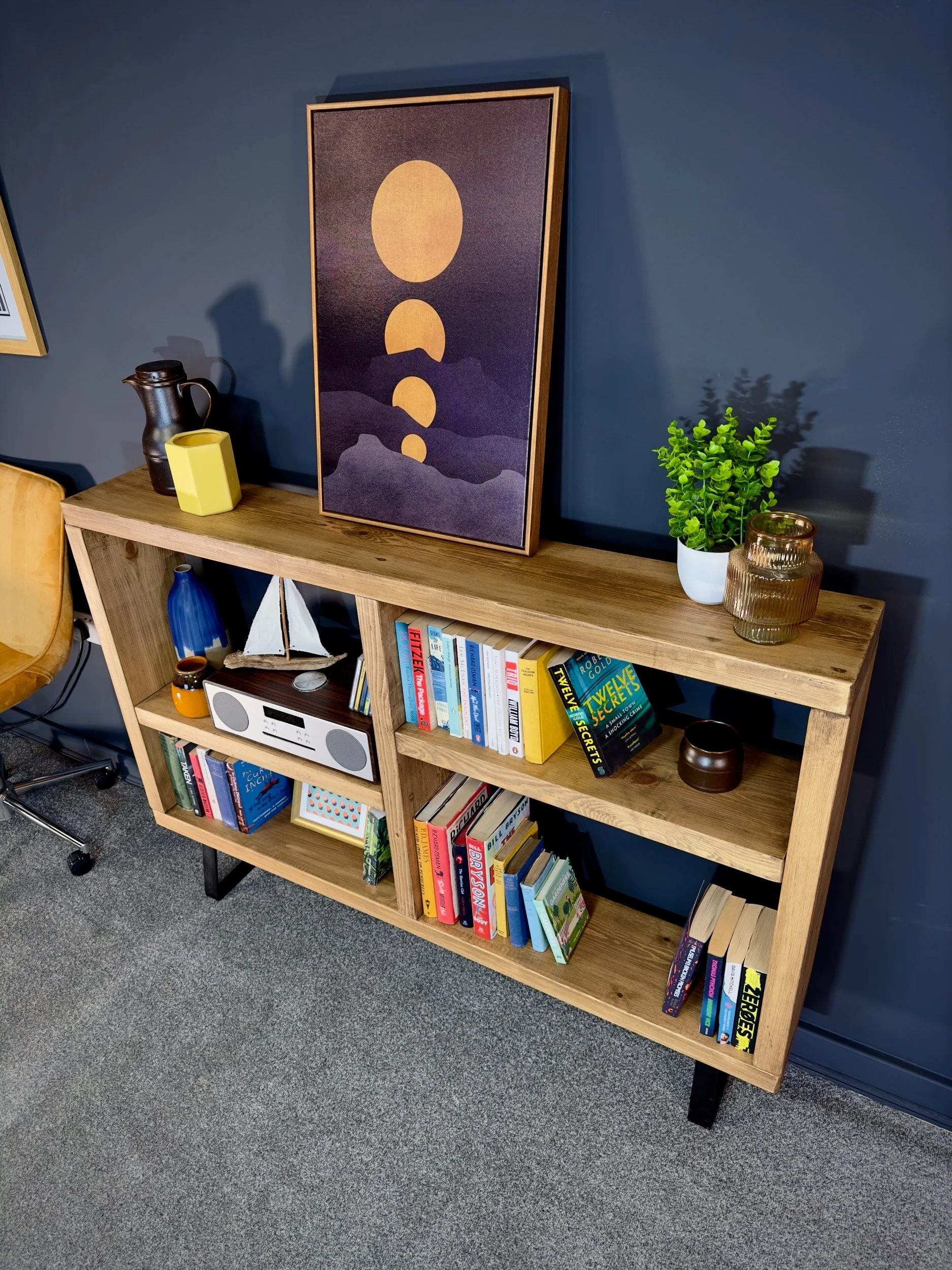 Rustic Bookcase | Low Sideboard Unit on Trapezium Legs | Industrial Solid Wooden Shelving, Scaffold Board Style, Home Storage - Image 7