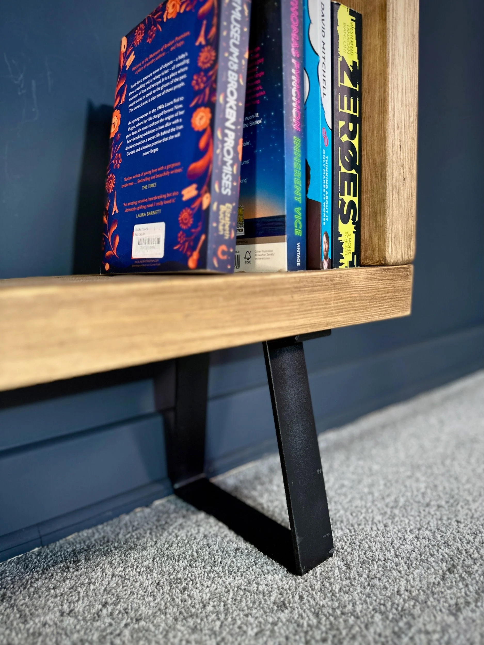 Rustic Bookcase | Low Sideboard Unit on Trapezium Legs | Industrial Solid Wooden Shelving, Scaffold Board Style, Home Storage - Image 8