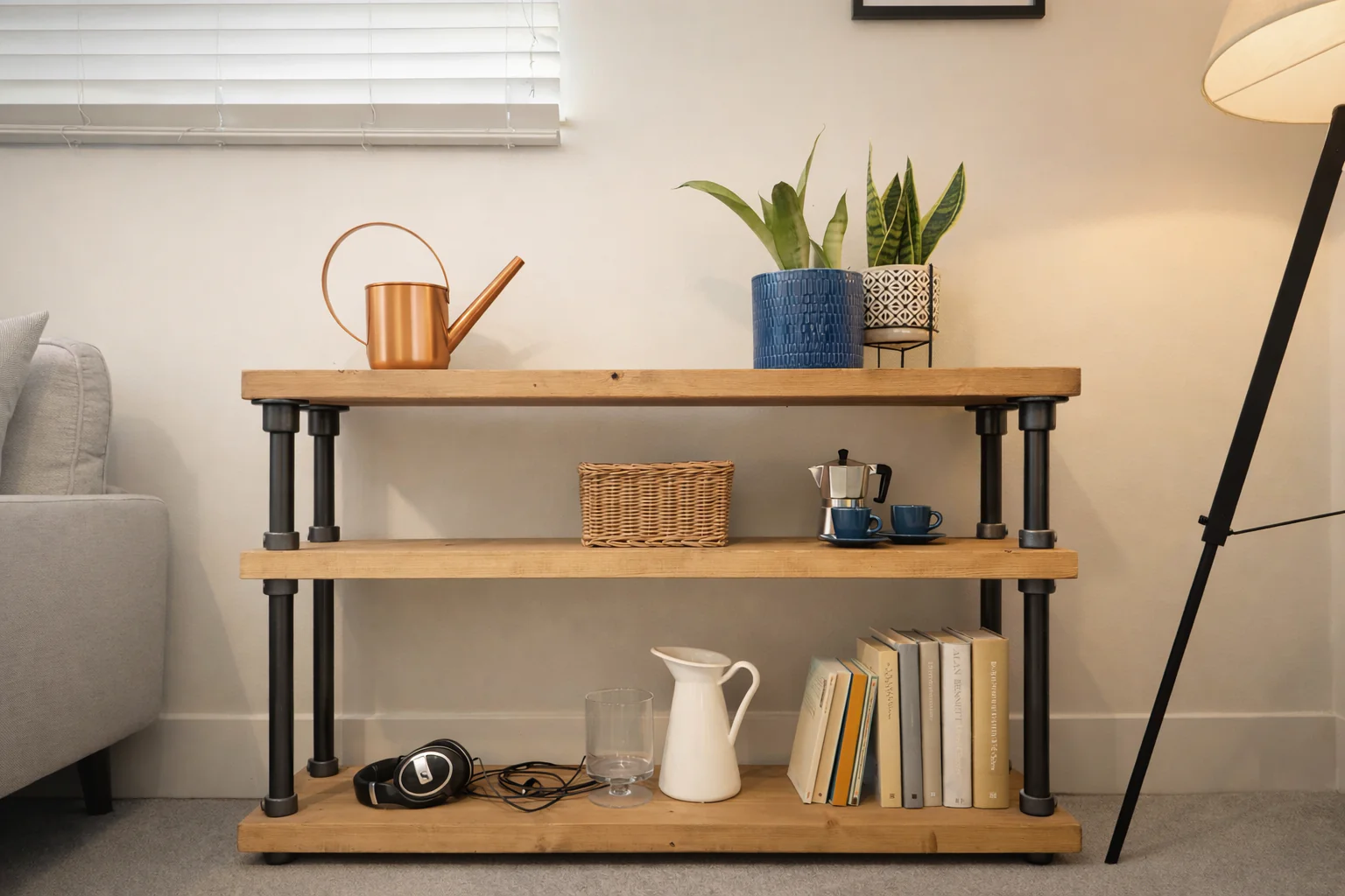 Rustic 3 Tier Console Side Table with Steel Tube Framework, Industrial, Solid Wood
