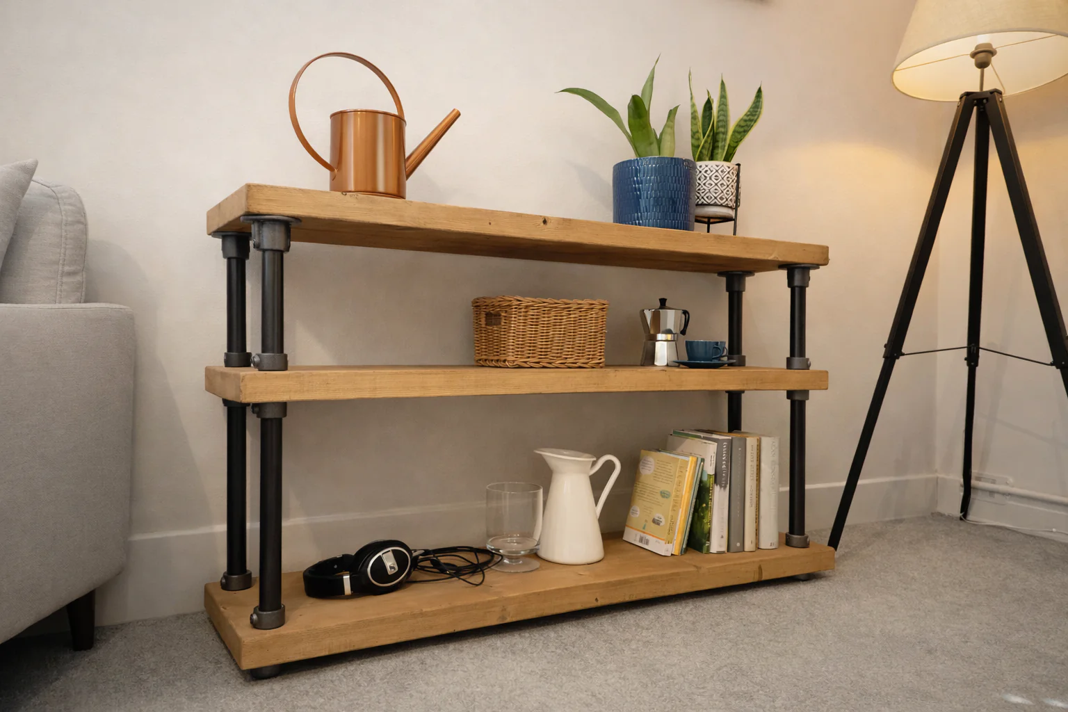 Rustic 3 Tier Console Side Table with Steel Tube Framework, Industrial, Solid Wood - Image 2