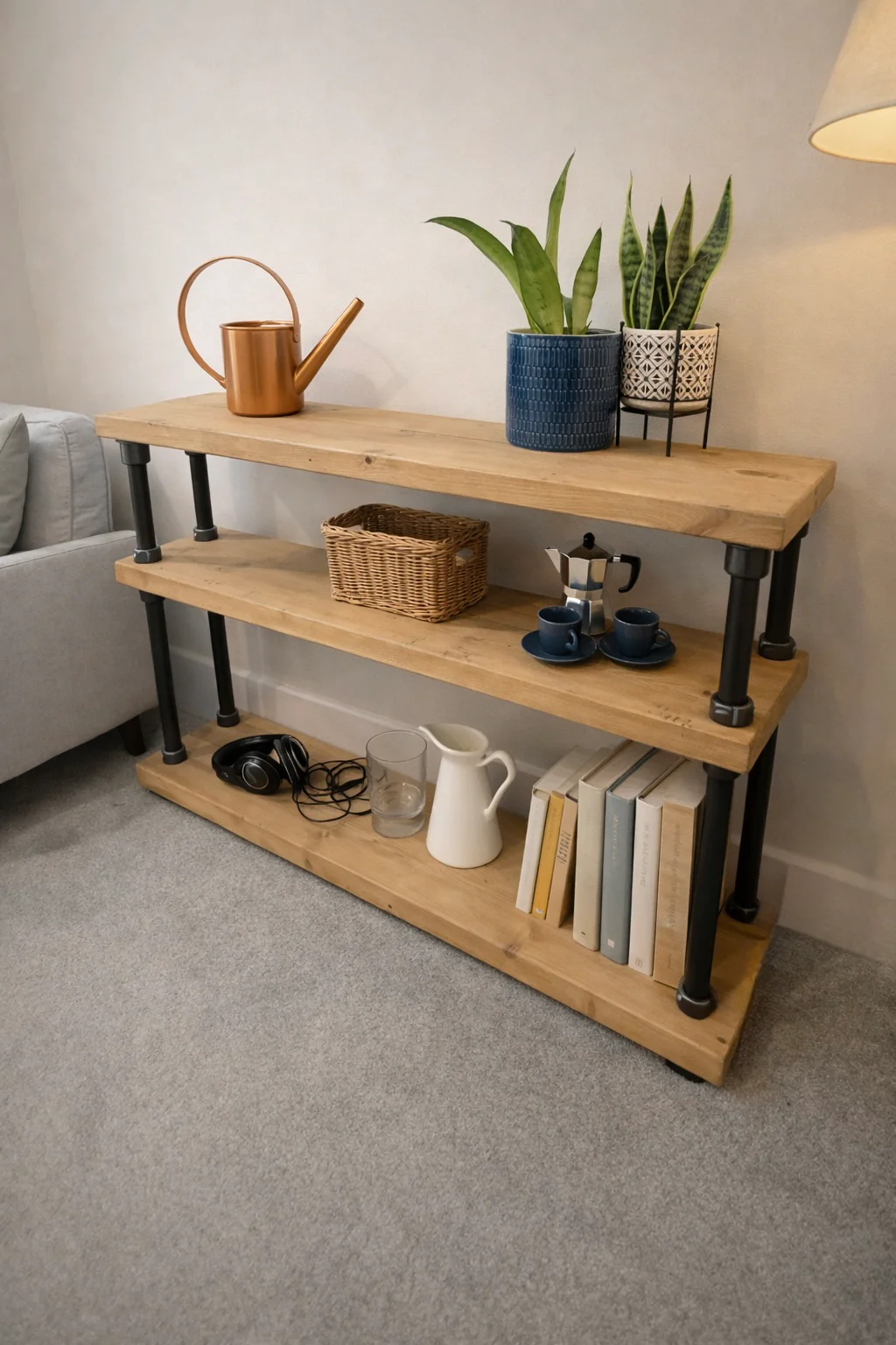 Rustic 3 Tier Console Side Table with Steel Tube Framework, Industrial, Solid Wood - Image 3