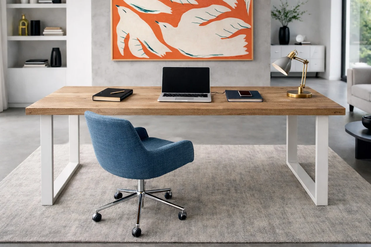 Rustic Desk with Steel Square Legs | Industrial, Reclaimed Style | Solid Wooden Desktop