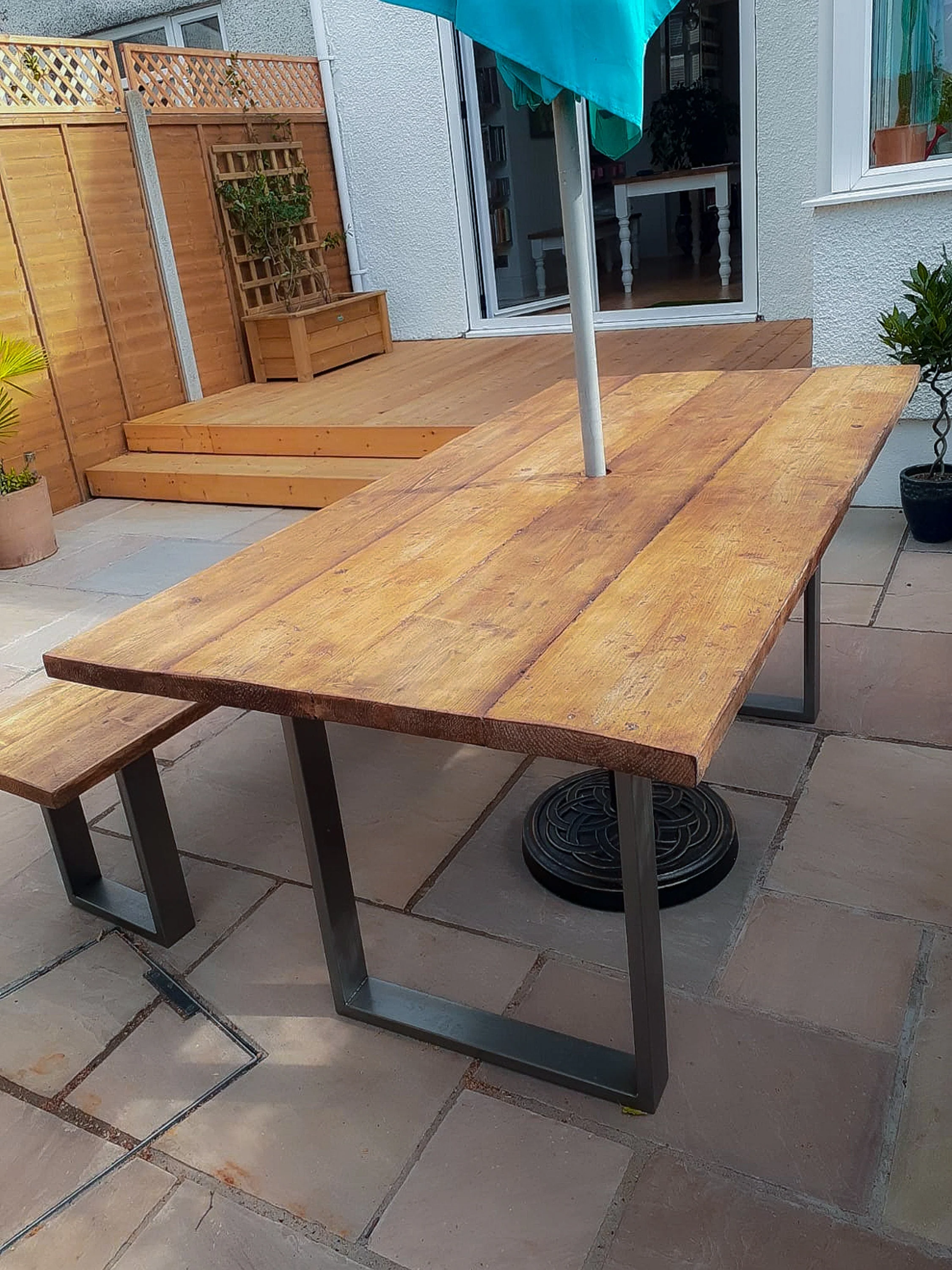 Rustic Outdoor Dining Table and Bench, Reclaimed Solid Wood, Garden Furniture, Industrial Style Steel Legs, Scaffold Board Outside Table - Image 11