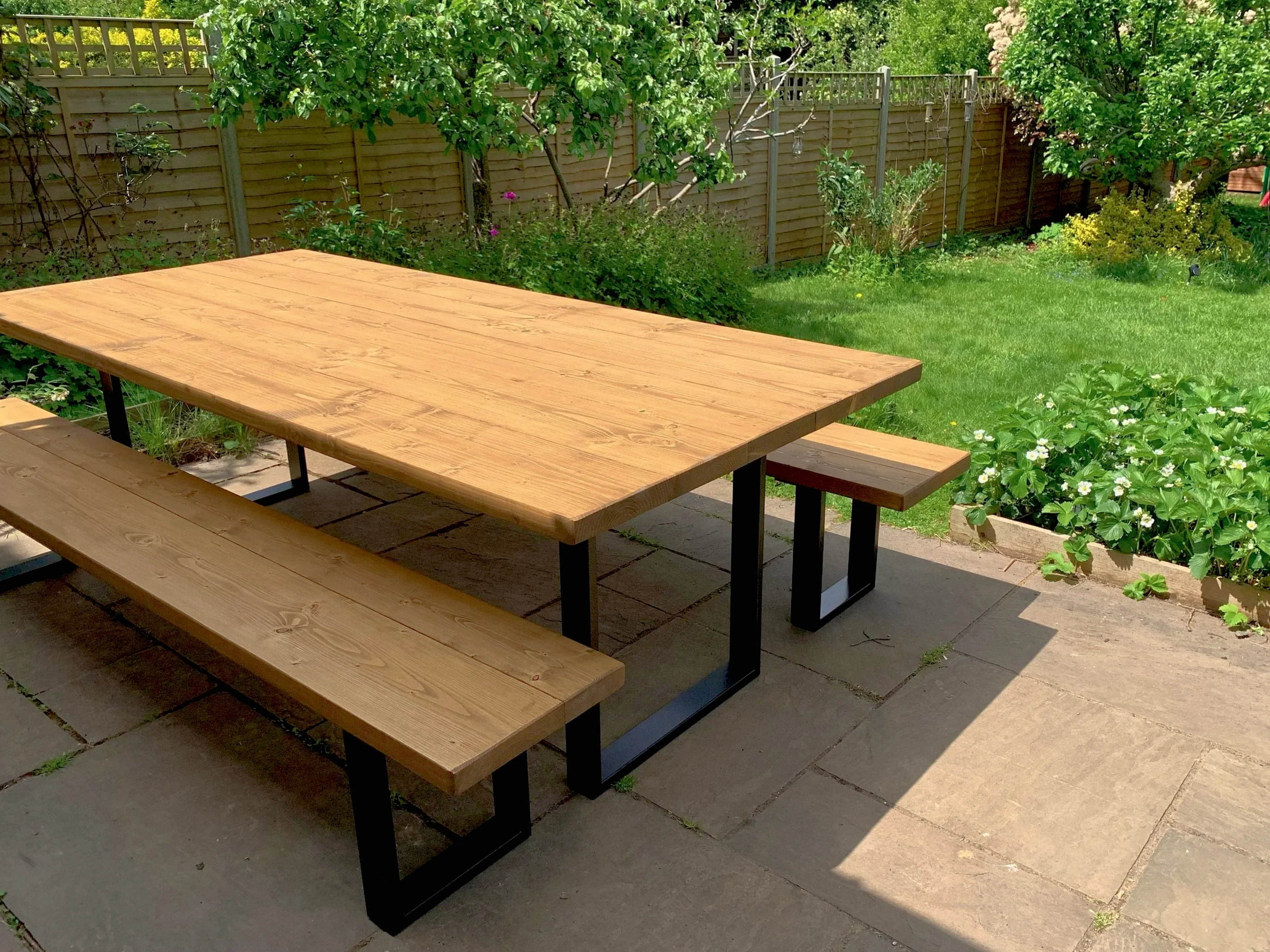 Rustic Outdoor Dining Table and Bench, Reclaimed Solid Wood, Garden Furniture, Industrial Style Steel Legs, Scaffold Board Outside Table - Image 3
