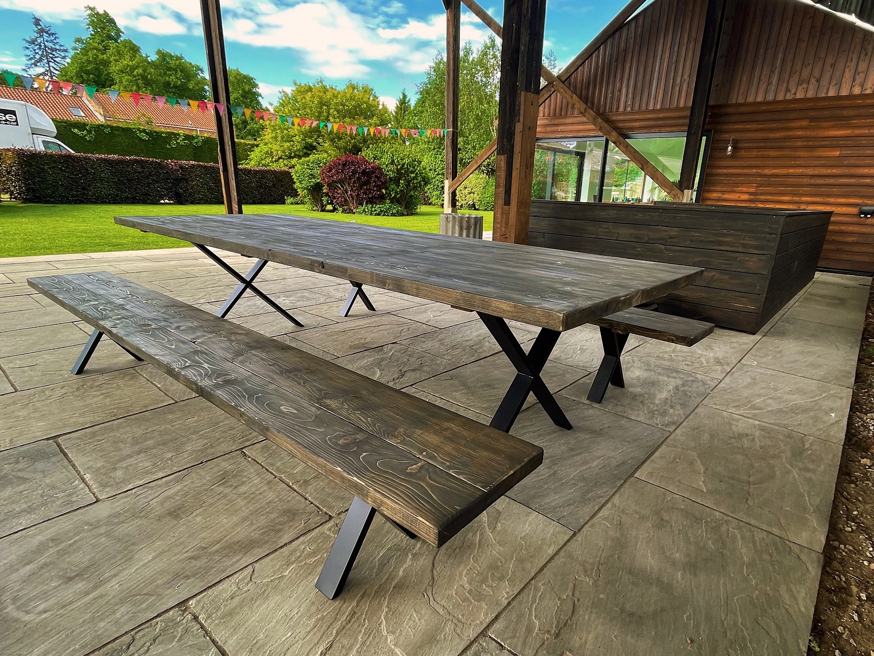 Rustic Outdoor Dining Table and Bench, Reclaimed Solid Wood, Garden Furniture, Industrial Style Steel Legs, Scaffold Board Outside Table - Image 4