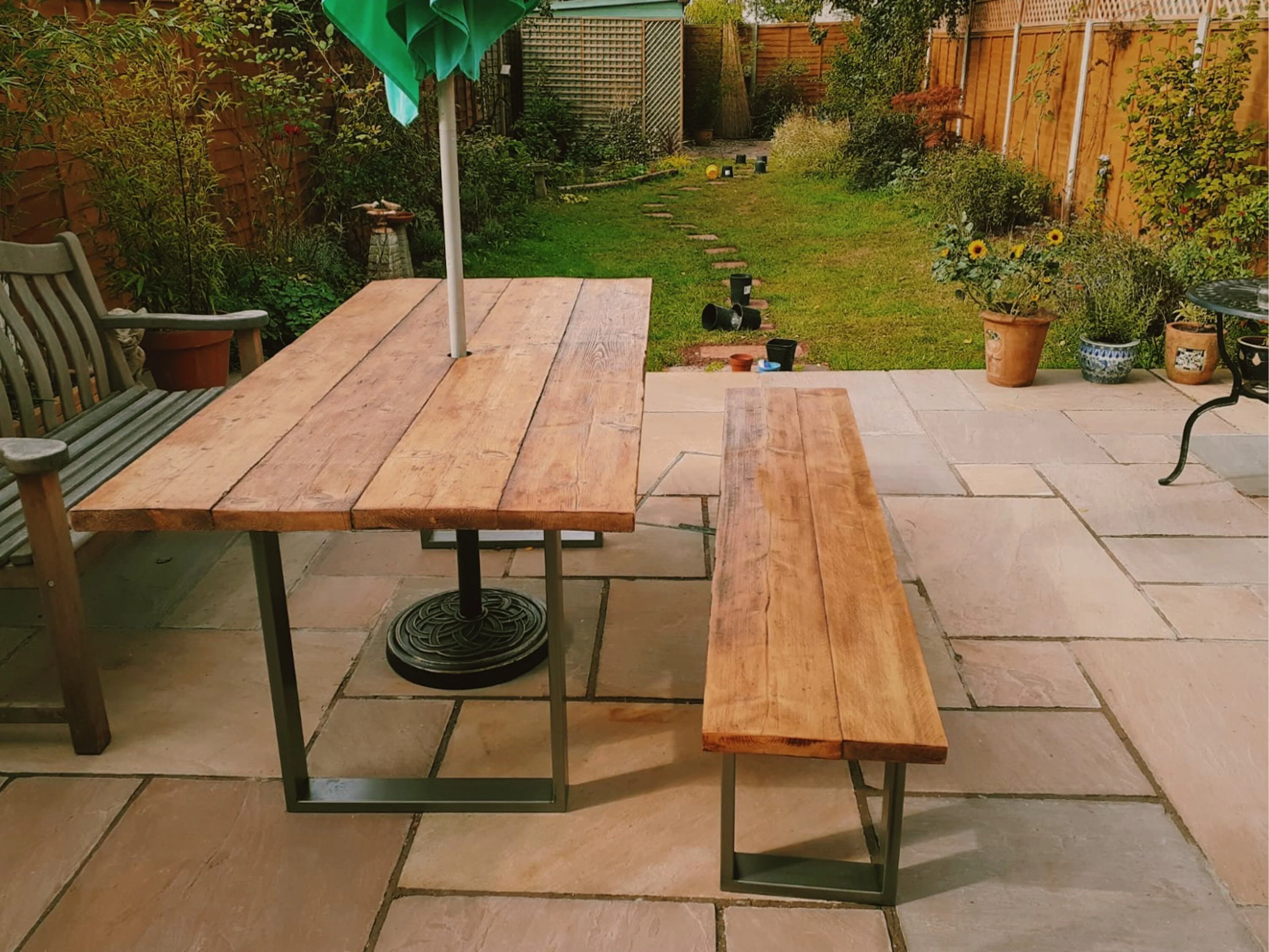 Rustic Outdoor Dining Table and Bench, Reclaimed Solid Wood, Garden Furniture, Industrial Style Steel Legs, Scaffold Board Outside Table - Image 9