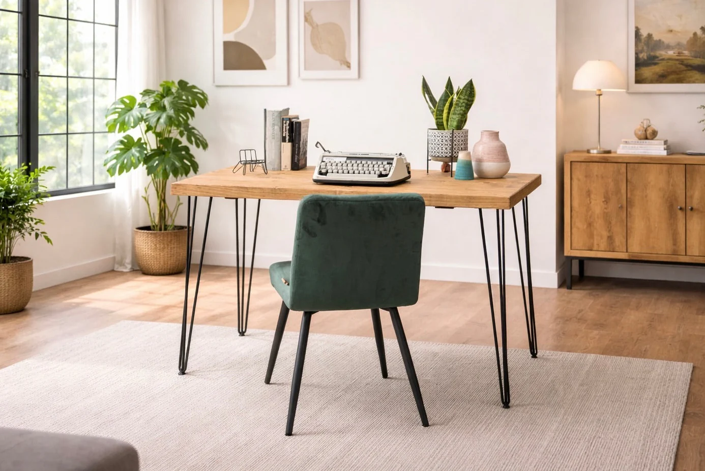 Rustic Solid Wooden Desk, Hairpin Steel Legs | Industrial Reclaimed Style