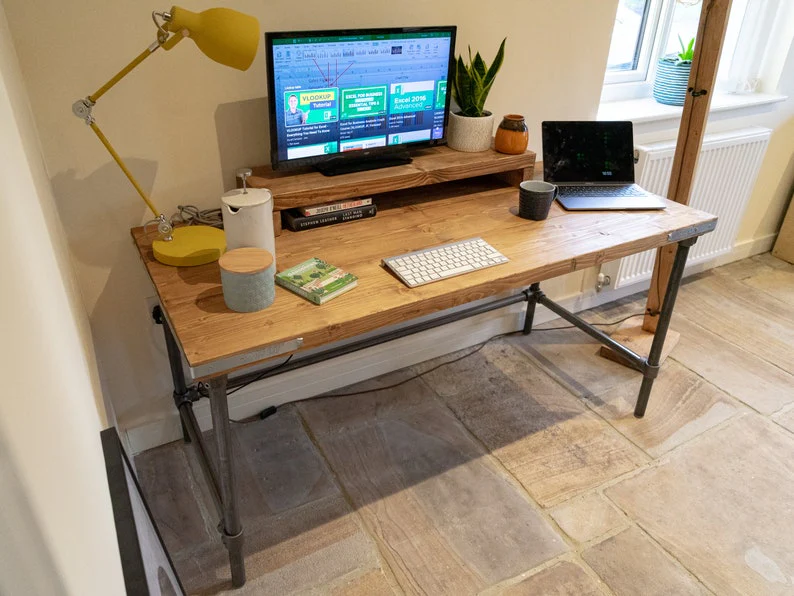 Rustic Scaffold Board Desk & Monitor Riser Shelf on Steel Tube Legs, Industrial Reclaimed Style - Image 3