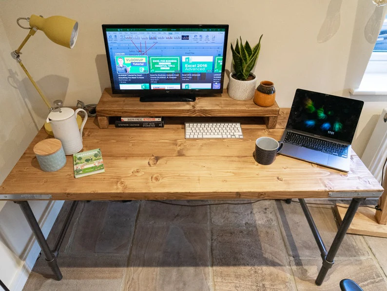 Rustic Scaffold Board Desk & Monitor Riser Shelf on Steel Tube Legs, Industrial Reclaimed Style - Image 4