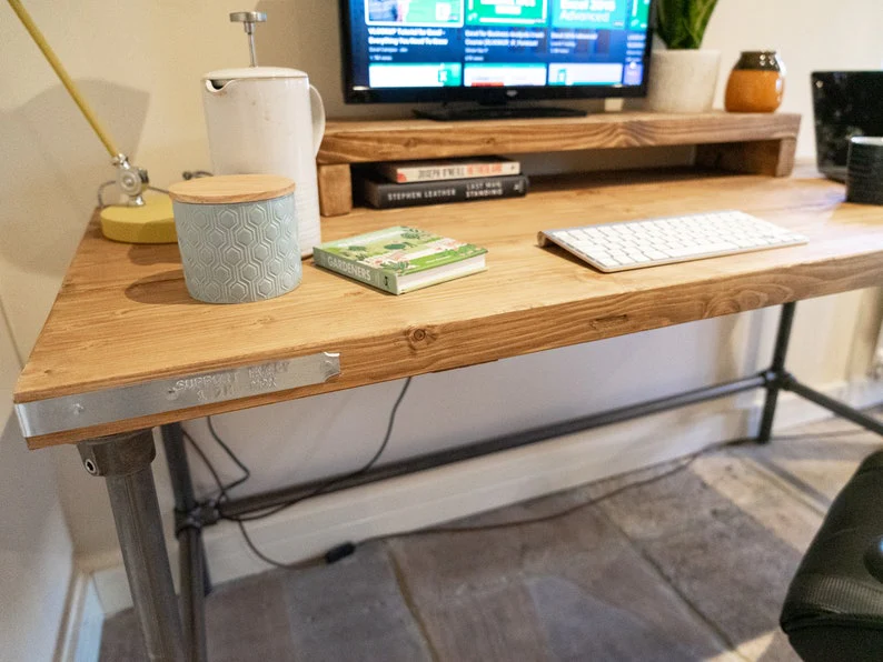Rustic Scaffold Board Desk & Monitor Riser Shelf on Steel Tube Legs, Industrial Reclaimed Style - Image 5