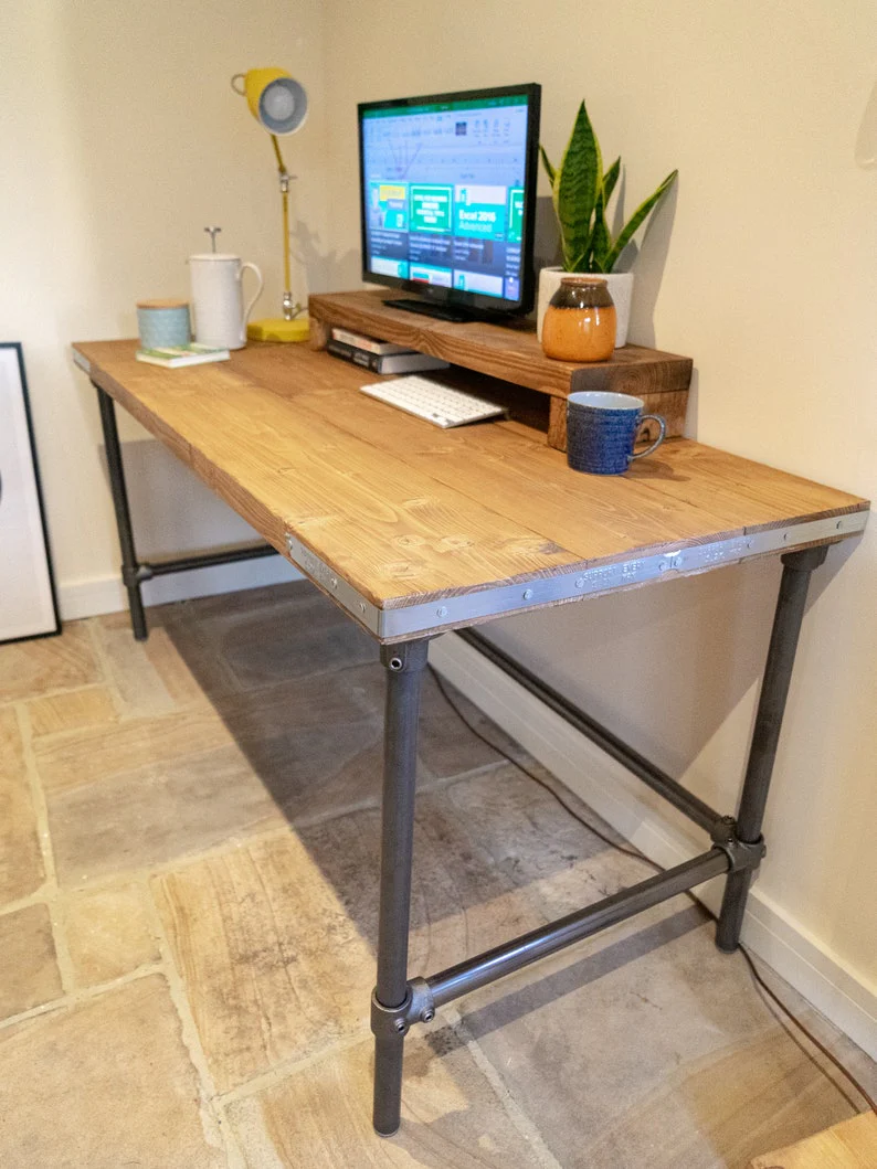 Rustic Scaffold Board Desk & Monitor Riser Shelf on Steel Tube Legs, Industrial Reclaimed Style - Image 6