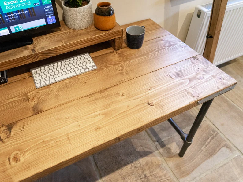 Rustic Scaffold Board Desk & Monitor Riser Shelf on Steel Tube Legs, Industrial Reclaimed Style - Image 7