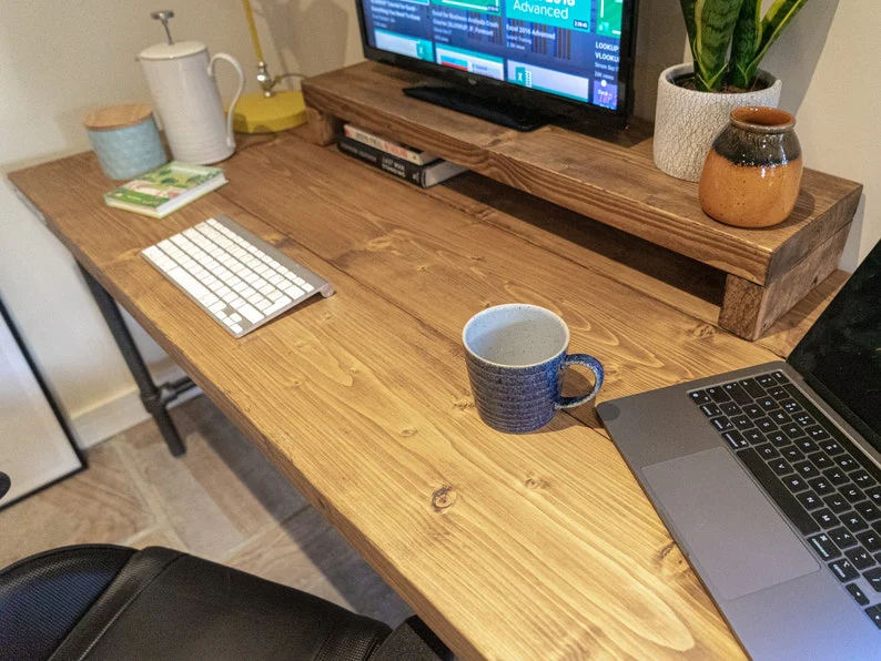 Rustic Scaffold Board Desk & Monitor Riser Shelf on Steel Tube Legs, Industrial Reclaimed Style - Image 8