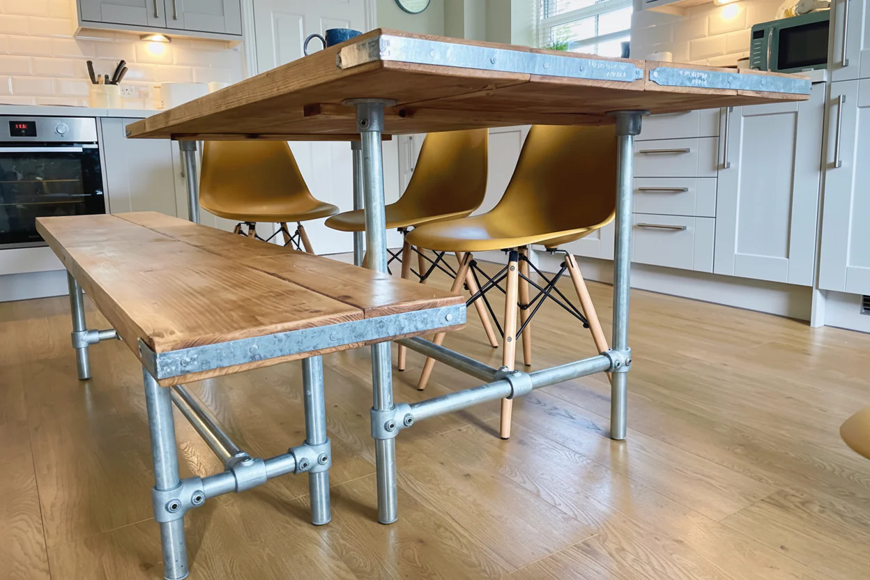Rustic Dining Table & Bench on Steel Tube Pipe Legs. Industrial Style - Image 10