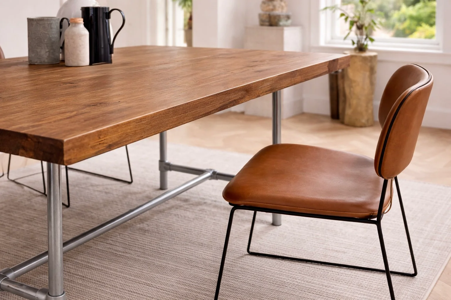 Rustic Dining Table & Bench on Steel Tube Pipe Legs. Industrial Style - Image 3
