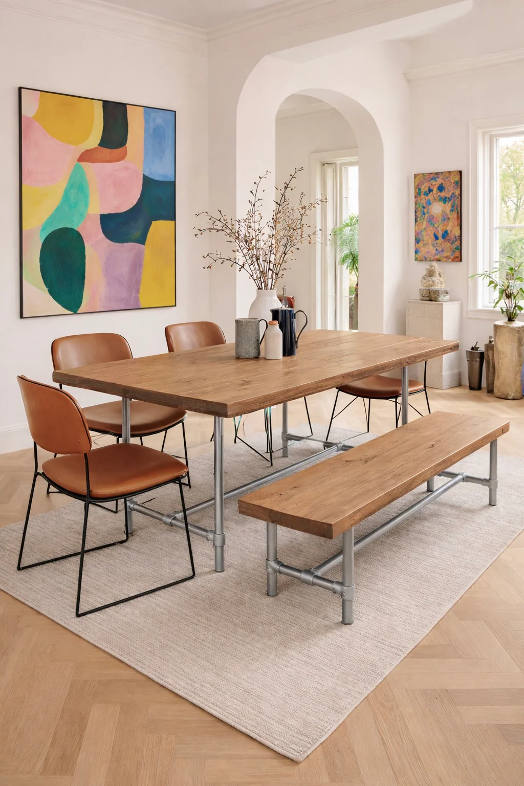 Rustic Dining Table & Bench on Steel Tube Pipe Legs. Industrial Style - Image 4