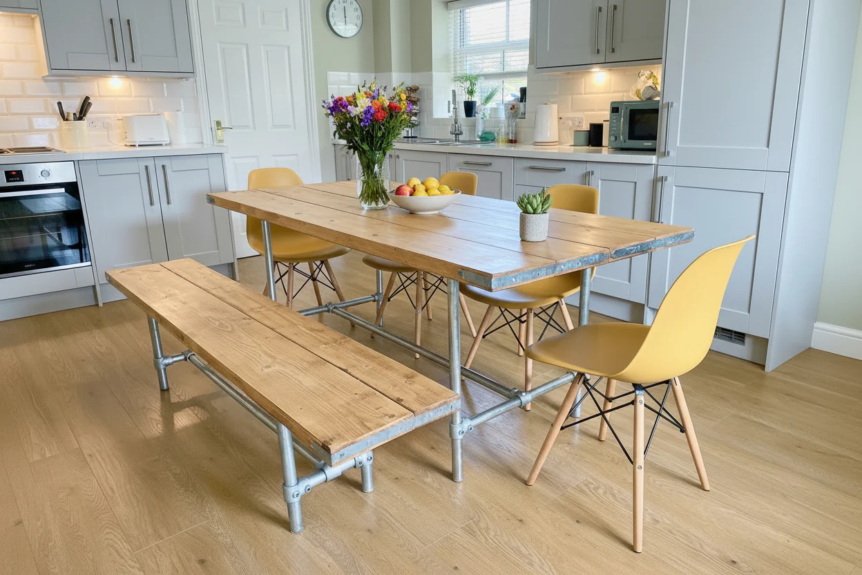 Rustic Dining Table & Bench on Steel Tube Pipe Legs. Industrial Style - Image 8