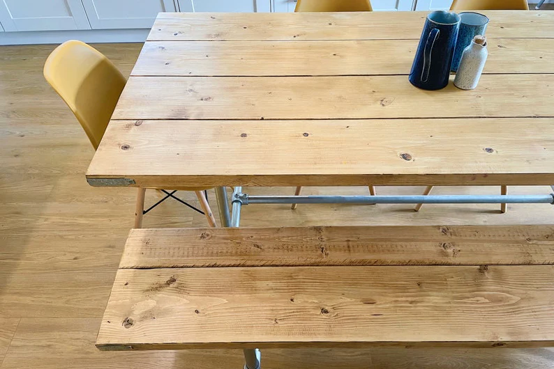 Rustic Dining Table & Bench on Steel Tube Pipe Legs. Industrial Style - Image 9
