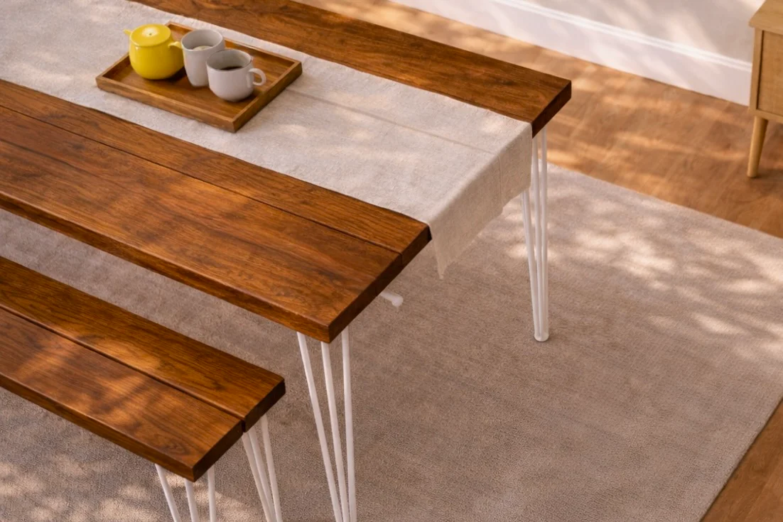 Rustic Dining Table & Bench Set on Hairpin Legs. Industrial Style - Image 4