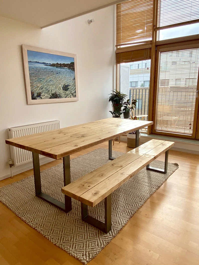 Rustic Scaffold Board Dining Table & Bench Set on Square Steel Legs, Industrial Reclaimed Style - Image 10